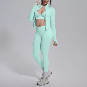 Set yoga sportivo senza cuciture in 3 pezzi da donna, abbigliamento fitness traspirante.