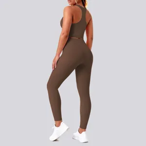 Solid brown yoga set detail showing racerback fitness top and high waist leggings fit.
