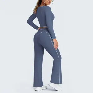 Blaues Langarm-Crop-Top und Schlaghose Yoga-Set, Fitnessbekleidung mit Kontrastpaspel.