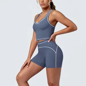 Contrast piping brushed yoga set detail view, high-waisted active shorts and racerback bra.