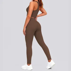 Brown two-piece yoga activewear set for women, featuring a crop top and high-waist leggings.