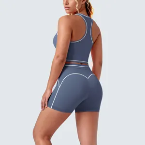 Blue two-piece ribbed seamless yoga set athletic racerback sports bra and shorts workout