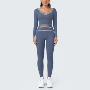 Blue long sleeve yoga set activewear gym crop top with stylish contrast white piping.