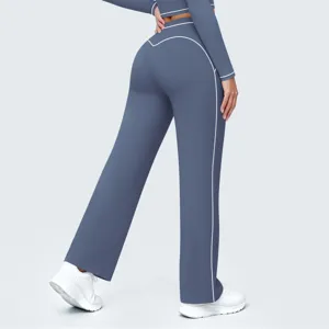High waist contrast piping wide leg yoga pants activewear fitness long trousers woman detail view