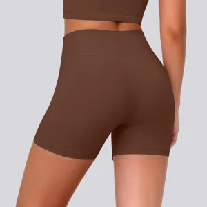 Detailed back view of high waist breathable athletic yoga shorts in brown, soft stretch fabric.