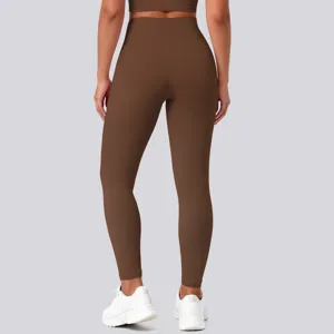 Back view detail of brown high waist seamless yoga pants, stretch workout leggings for fitness.
