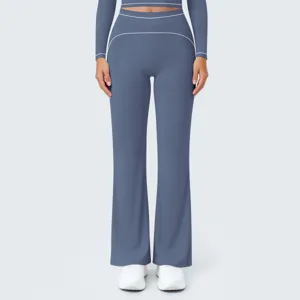 High-waist contrast piping flared yoga pants, professional sports fitness activewear detail.