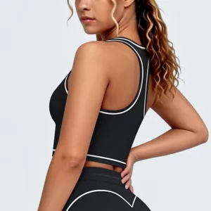 Zwarte sportbeha rugdetail contrasterende bies fitness yoga sportkleding top