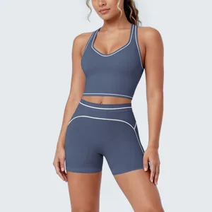 Women athletic yoga set contrast piping sports bra shorts fitness gym workout activewear