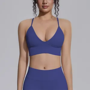 Blue seamless breathable high-elasticity yoga sports bra and leggings active fitness set