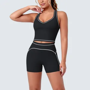Black contrast piping athletic yoga set crop top and high waist shorts for fitness.