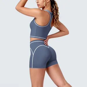 Women's activewear yoga set, contrast piping racerback sports bra and high waist fitness shorts.