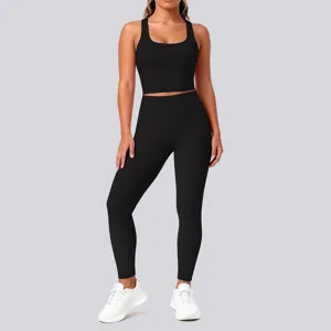 Women seamless black yoga set backless fitness activewear workout gym two piece outfit