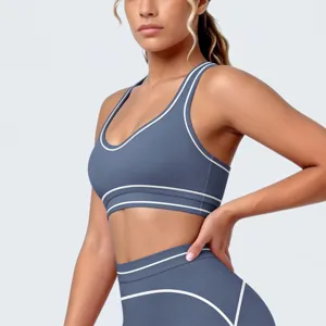 Gedetailleerd overzicht van de sportbeha en leggingsset met contrastbies voor comfortabele fitness.