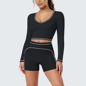 Women long sleeve crop top fitness yoga set contrast trim athletic workout two piece set