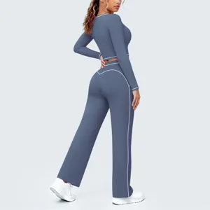 Langarm Crop Top und Schlag Yoga Hosen Sportset Damen Fitness Joggen Workout Kleidung.