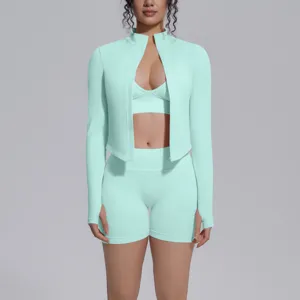 Seamless solid color activewear 3-piece set for women fitness running yoga and gym training.
