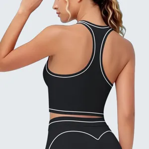 Zwarte sportbeha met witte bies, ademende fitness yoga gym crop top voor dames sportkleding.