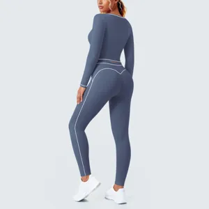 Contrast piping long sleeve crop top and leggings yoga set for women fitness and workout activewear