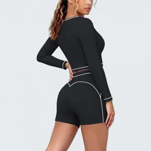 Details of the black two-piece yoga set featuring stylish white piping and design.