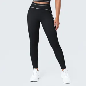 Mallas de yoga negras de tiza alta con ribetes en contraste para mujer, transpirables.