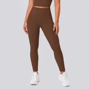 Detail view of high waist seamless yoga leggings in brown, ideal for fitness and gym workouts.