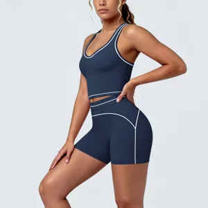 Dark blue contrast piping ribbed yoga set two-piece activewear workout sportswear detail view.