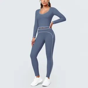 Women long sleeve yoga set contrast piping gym crop top running tight fitness activewear