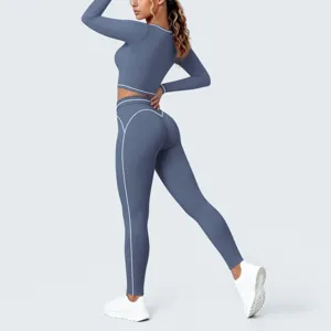 Women grey-blue long sleeve crop top and high-waist yoga leggings activewear set