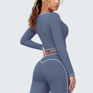 Damen Sportbekleidung Langarm Crop Top Leggings Set Fitness Yoga Running Jogging.