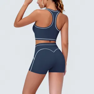 Back view detail of contrast trim activewear yoga set featuring racerback crop top and shorts.