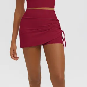 Burgundy high waist ruched fake two piece yoga skort athletic fitness running sportswear apparel