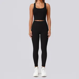 Women black crop top leggings yoga set activewear fitness running workout two piece gym outfit
