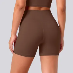 Detailed view of high-waisted seamless brown yoga shorts, breathable activewear active style.
