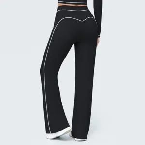 Back detail of high-waisted black flare yoga pants with contrast piping for fitness and sports.
