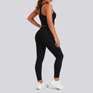 Black ribbed seamless yoga set fitness gym activewear crop top and high waist leggings