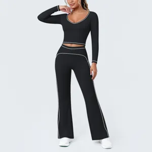 Damen schwarzes Langarm Crop Top Schlag Yoga Hose Set Kontrastpaspel Fitness Sportbekleidung.