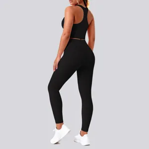 Black seamless yoga set sports bra and high waist leggings gym workout fitness activewear