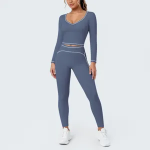 Women long sleeve crop top yoga set contrast piping gym fitness activewear workout outfit