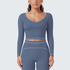 Nahtloses Langarm-Crop-Top Yoga-Set mit Kontrastpaspelierung für Fitness, Gym und Sporttraining.
