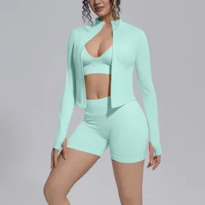 Mint green seamless 3-piece activewear set, high stretch yoga fitness crop top jacket and shorts.