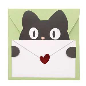 Niedliche schwarze Katze Grußkarte und Umschlag Set, Cartoon Design für Feste und Feiern.