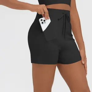 High waist women sports fitness shorts with side pockets and drawstring design detail view