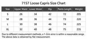 Tableau des tailles pour pantalon de sport capri de yoga avec mesures de taille et hanches.