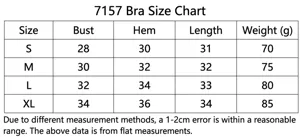 Tableau des tailles du soutien-gorge de yoga 7157 avec mesures à plat pour le buste et l'ourlet.
