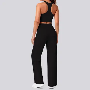 Schwarzes Yoga Set mit Racerback, doppelseitiges Nylon Fitness Outfit zweiteilig Detail