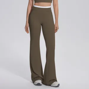 Pantalon de yoga évasé haute taille pour femme, faux deux pièces couleur contraste.
