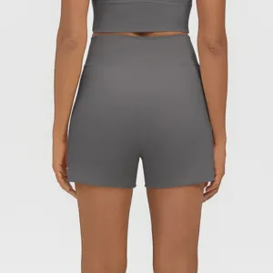 Back view details of high-waisted stretchy fitness sports shorts, comfortable athletic wear.