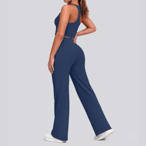 Einfarbig Damen Yoga Set Crop Tanktop mit hoher Taille Schlaghose Fitness Sportoutfit