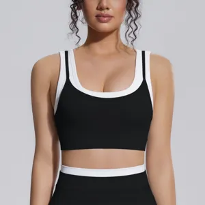 Soutien-gorge de sport faux deux pièces côtelé couleur contraste fitness yoga haut